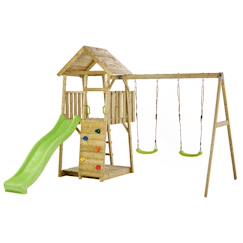 -Aire de jeux bois, 2 balançoires, toboggan, escalade, bac à sable woodi