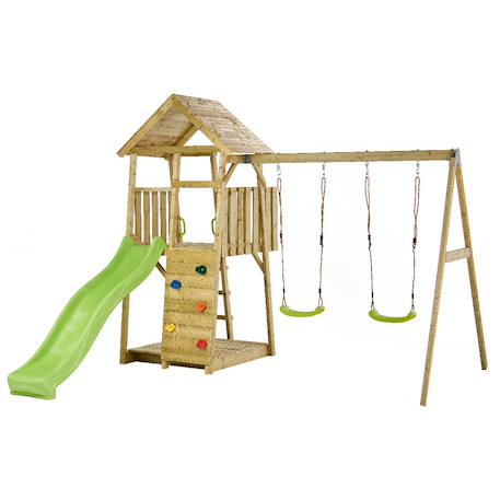 Aire de jeux bois, 2 balançoires, toboggan, escalade, bac à sable woodi Marron 1 - vertbaudet enfant 