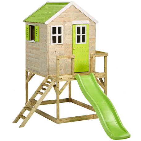 Maisonnette enfant extérieur en bois tinni avec plateforme et toboggan Brown 1 - vertbaudet enfant 
