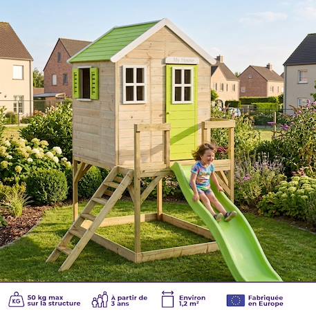 Maisonnette enfant extérieur en bois tinni avec plateforme et toboggan Brown 2 - vertbaudet enfant 