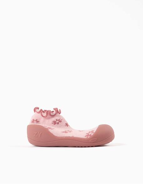 Chaussettes-chaussons avec motif floral et semelle antidérapante Rose clair 2 - vertbaudet enfant 