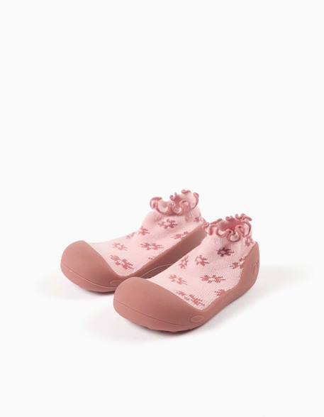 Chaussettes-chaussons avec motif floral et semelle antidérapante Rose clair 1 - vertbaudet enfant 