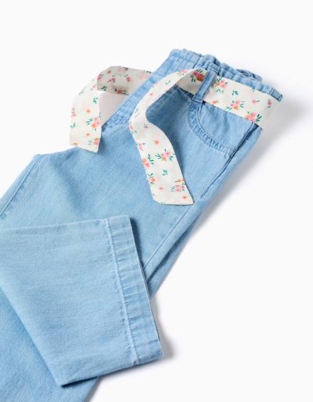 Pantalon en jean à jambe large avec ceinture à motif floral Bleu 4 - vertbaudet enfant 