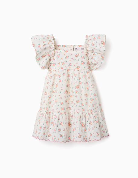Robe en coton avec motif floral et volants Beige clair 1 - vertbaudet enfant 