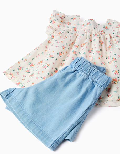 Chemisier à motif floral et short en jean Beige clair 4 - vertbaudet enfant 