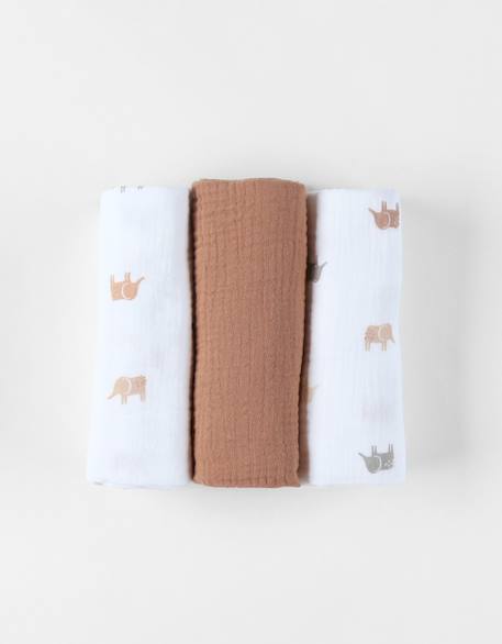 Set de 3 langes éléphant en mousseline Blanc, marron 1 - vertbaudet enfant 