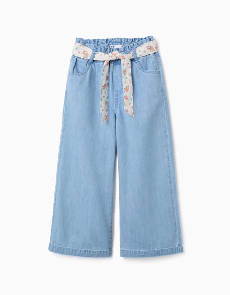 Fille-Pantalon en jean à jambe large avec ceinture à motif floral