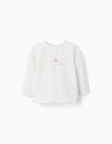T-shirt en coton à manches longues avec ourlet volanté Blanc+Rose clair 1 - vertbaudet enfant 