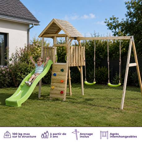 Aire de jeux bois, 2 balançoires, toboggan, escalade, cabane woodi Marron 2 - vertbaudet enfant 