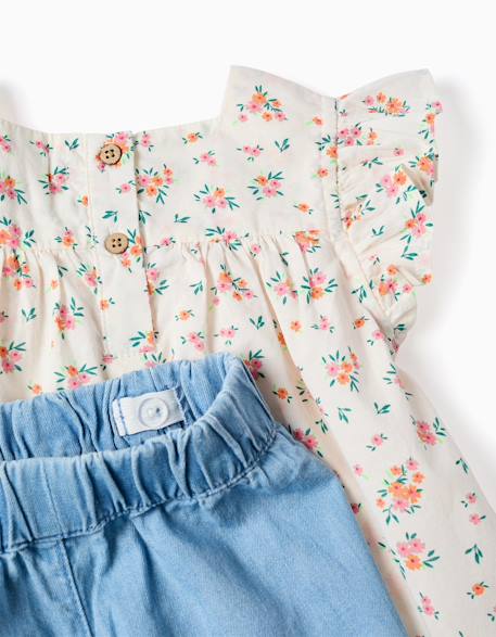 Chemisier à motif floral et short en jean Beige clair 3 - vertbaudet enfant 