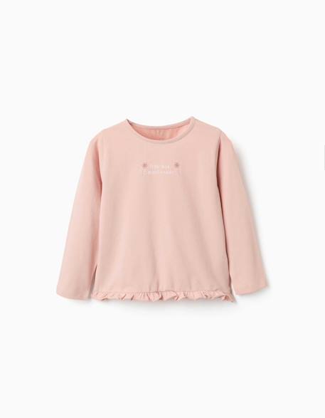 Fille-T-shirt, sous-pull-T-shirt-T-shirt en coton à manches longues avec imprimé et ourlet volanté