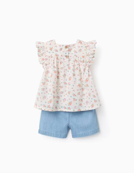 Chemisier à motif floral et short en jean Beige clair 2 - vertbaudet enfant 