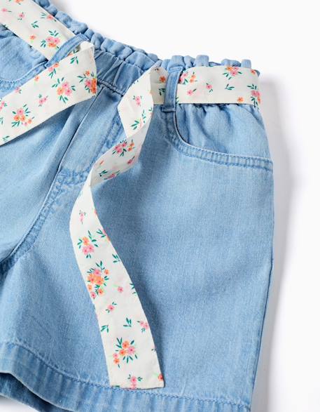 Short en jean avec ceinture à motif floral Bleu clair 4 - vertbaudet enfant 