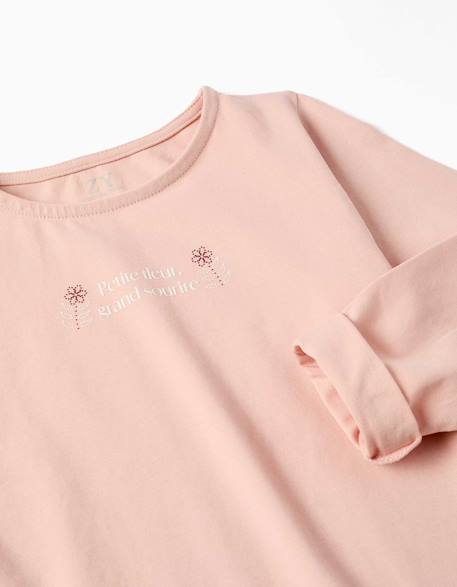 T-shirt en coton à manches longues avec imprimé et ourlet volanté Blanc+Rose clair 6 - vertbaudet enfant 