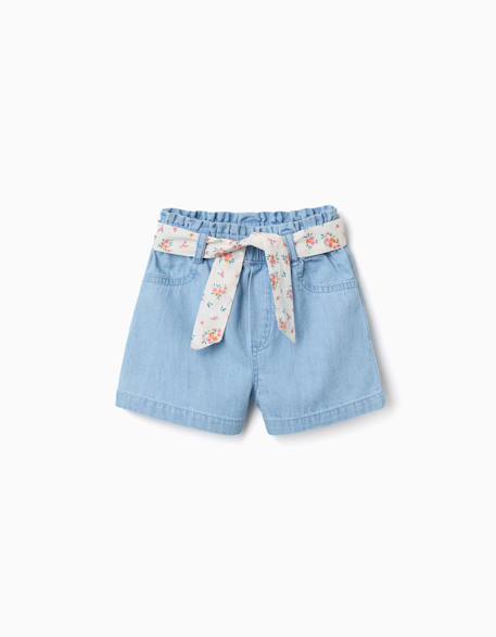 Short en jean avec ceinture à motif floral Bleu clair 1 - vertbaudet enfant 
