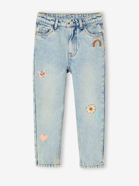 Jean fille mom brodé fleurs bleu+bleu clair+bleu moyen 3 - vertbaudet enfant 