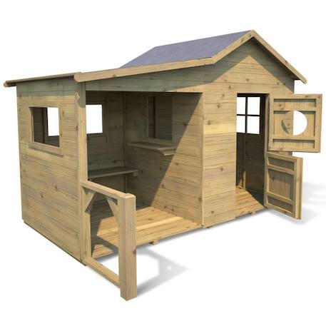 Cabane en bois traité avec préau et banc hacienda Marron 3 - vertbaudet enfant 