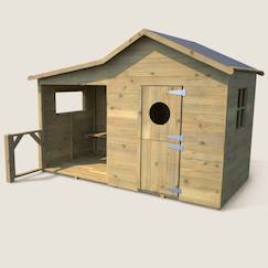-Cabane en bois traité avec préau et banc hacienda