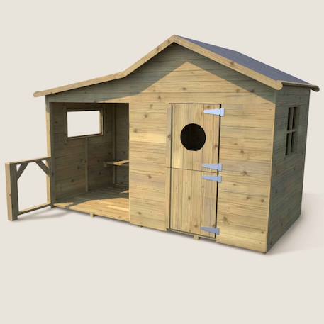 Cabane en bois traité avec préau et banc hacienda Marron 1 - vertbaudet enfant 