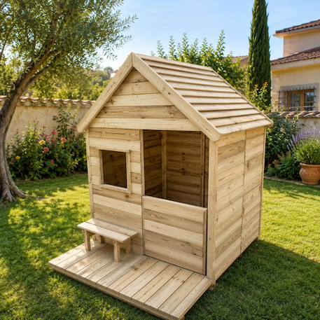 Cabane en bois traité avec terrasse et banc heidi Marron 2 - vertbaudet enfant 