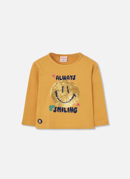 T-shirt fille en maille avec sequins smiley Jaune 1 - vertbaudet enfant 
