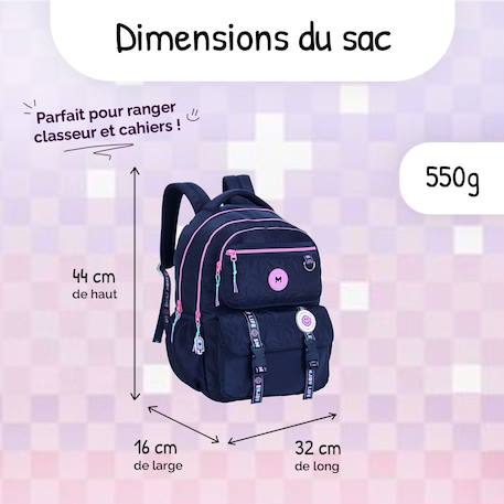 Sac à dos scolaire - 2 compartiments Marshmallow - Pixelly Bleu nuit 3 - vertbaudet enfant 