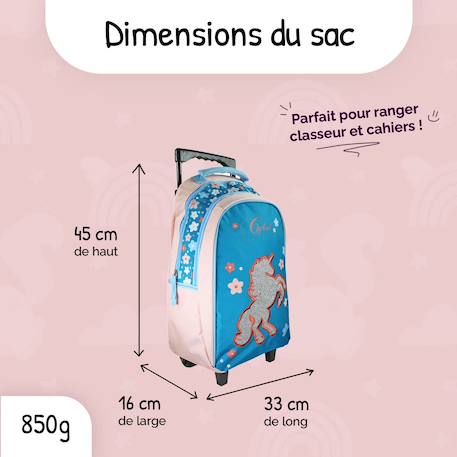Sac à dos scolaire à roulettes 2 compartiments Cybel - Licorne pailletée Bleu et Rose 3 - vertbaudet enfant 