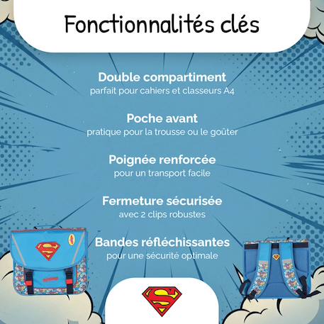 Cartable scolaire 38 CM - 2 compartiments Superman Comics Bleu et rouge 2 - vertbaudet enfant 