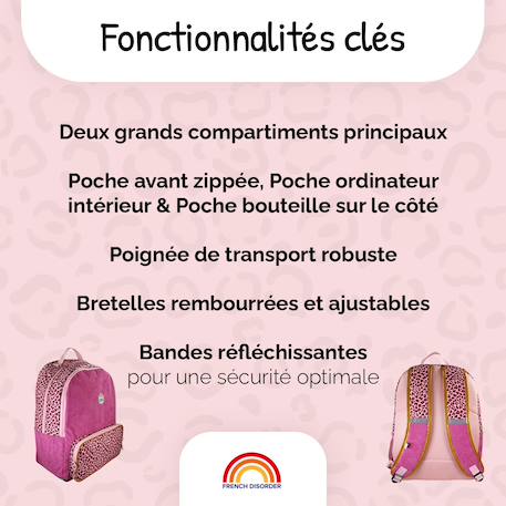 Sac à dos scolaire - 2 compartiments French Disorder - Velours côtelé Léopard Rose 2 - vertbaudet enfant 