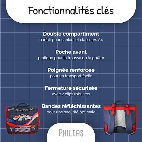 Cartable scolaire 38 CM - 2 compartiments Phileas - voiture de course Bleu et Rouge 2 - vertbaudet enfant 