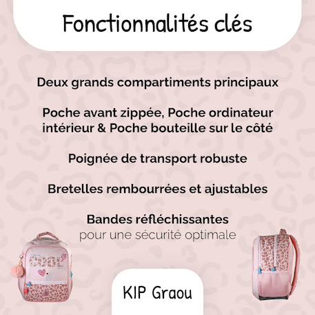 Sac à dos scolaire 2 compartiments KIP Graou Rose Léopard 2 - vertbaudet enfant 