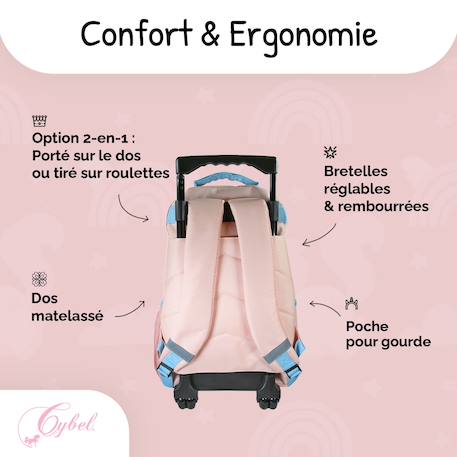 Sac à dos scolaire à roulettes 2 compartiments Cybel - Licorne pailletée Bleu et Rose 4 - vertbaudet enfant 