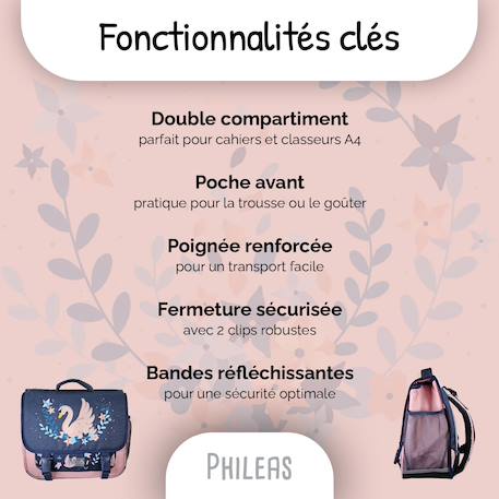 Cartable scolaire 38 CM - 2 compartiments Phileas - Cygne Bleu et Rose 2 - vertbaudet enfant 