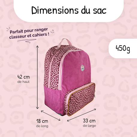 Sac à dos scolaire - 2 compartiments French Disorder - Velours côtelé Léopard Rose 3 - vertbaudet enfant 