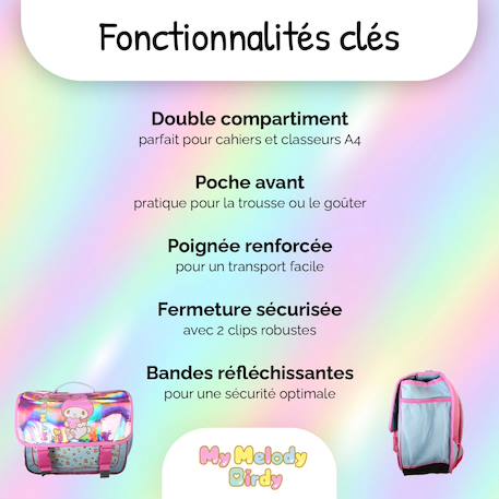 Cartable scolaire 38 cm - 2 compartiments My Melody Birdy à effet holographique Rose 2 - vertbaudet enfant 