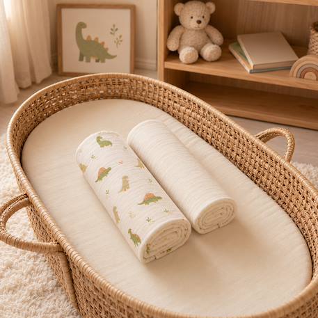Set de 2 draps housse pour couffin en gaze de coton dino Écru 2 - vertbaudet enfant 