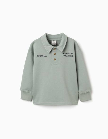 Sweat en coton avec col polo et imprimé Vert 1 - vertbaudet enfant 