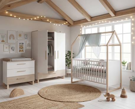 Ensemble chambre bébé 'noah' trio avec lit cabane 70 x 140 Blanc - chêne tristan 1 - vertbaudet enfant 