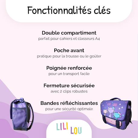 Cartable scolaire 2 compartiments Lili Lou - 38 cm Violet 2 - vertbaudet enfant 