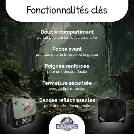 Cartable scolaire réversible 2 compartiments Jurassic World - 38 cm Vert 2 - vertbaudet enfant 