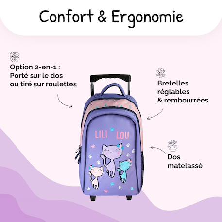 Sac à dos à roulettes 2 compartiments Lili Lou Petits Chats - 32 cm Violet 4 - vertbaudet enfant 