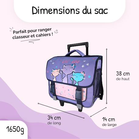 Cartable à roulettes 2 compartiments Lili Lou 'féerie' - 38 cm Violet 3 - vertbaudet enfant 