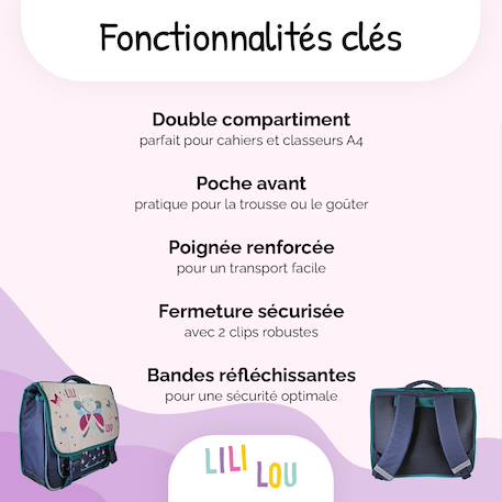 Cartable scolaire 2 compartiments Lili Lou Papillons - 38 cm Beige 2 - vertbaudet enfant 