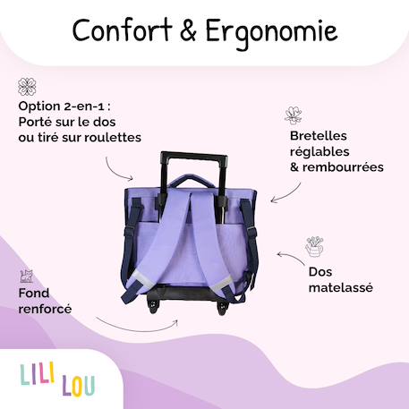 Cartable à roulettes 2 compartiments Lili Lou 'féerie' - 38 cm Violet 4 - vertbaudet enfant 