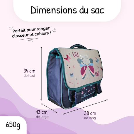 Cartable scolaire 2 compartiments Lili Lou Papillons - 38 cm Beige 3 - vertbaudet enfant 