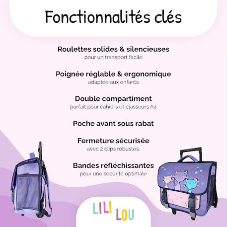 Cartable à roulettes 2 compartiments Lili Lou 'féerie' - 38 cm Violet 2 - vertbaudet enfant 
