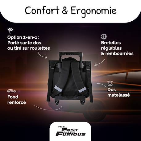 Cartable à roulettes 2 compartiments Fast & Furious - 38 cm Noir 4 - vertbaudet enfant 
