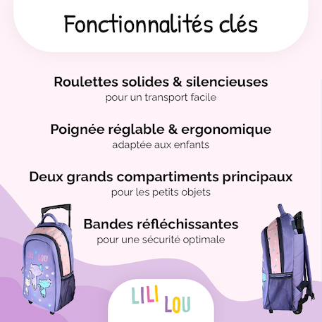 Sac à dos à roulettes 2 compartiments Lili Lou Petits Chats - 32 cm Violet 2 - vertbaudet enfant 