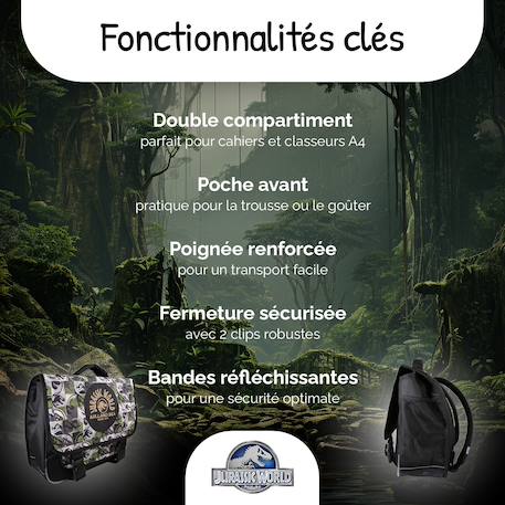 Cartable scolaire 2 compartiments Jurassic World Camouflage- 38 cm Vert 2 - vertbaudet enfant 