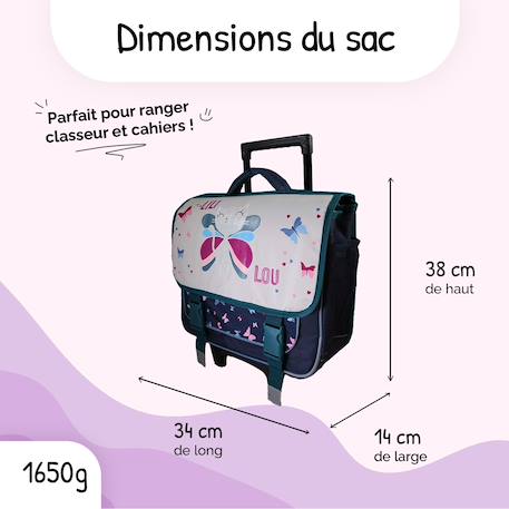 Cartable à roulettes 2 compartiments Lili Lou Fée & Papillons  - 38 cm Beige 3 - vertbaudet enfant 